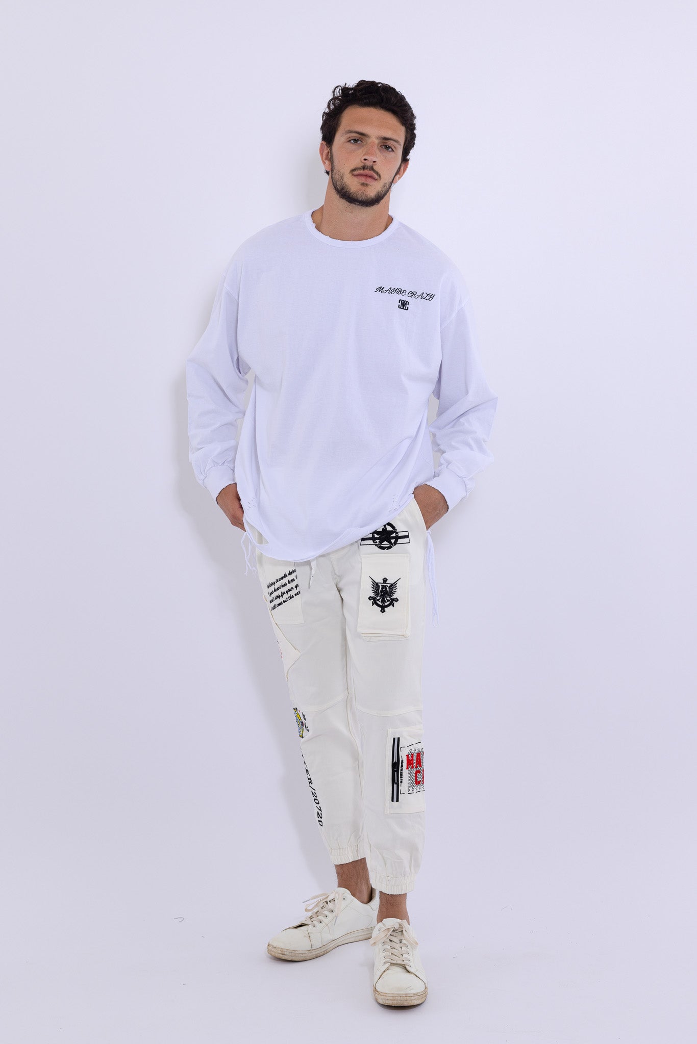 Classic Distressed Crewneck T-Shirt Long Sleeves