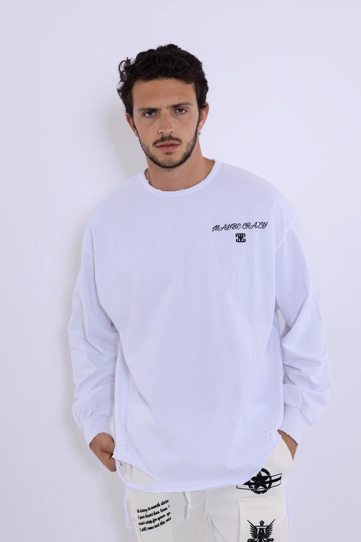 Classic Distressed Crewneck T-Shirt Long Sleeves MaybeCrazy