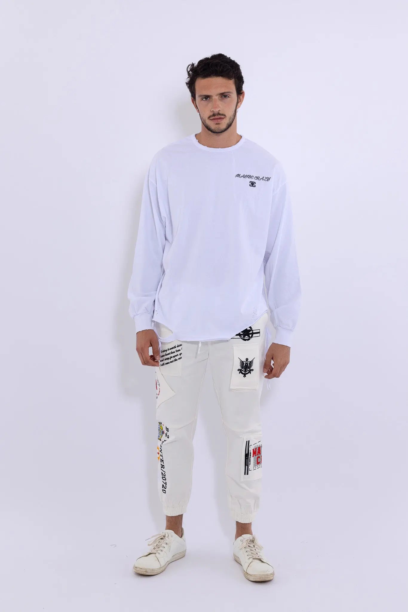 Classic Distressed Crewneck T-Shirt Long Sleeves MaybeCrazy