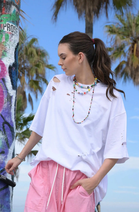 Lightweight Distressed Tee - White MaybeCrazy